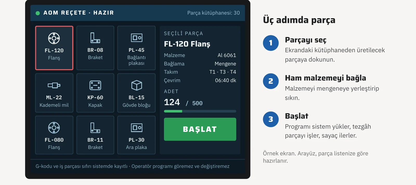 AOM reçete sistemi örnek ekranı: parça kütüphanesinden seçim, malzeme ve bağlama bilgisi, başlat düğmesi