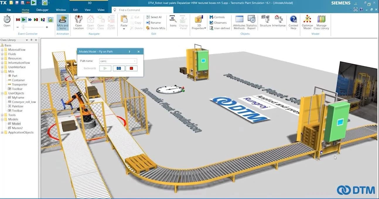 Siemens Tecnomatix Plant Simulation: paletleyici/depaletleyici hattının malzeme akışı simülasyonu