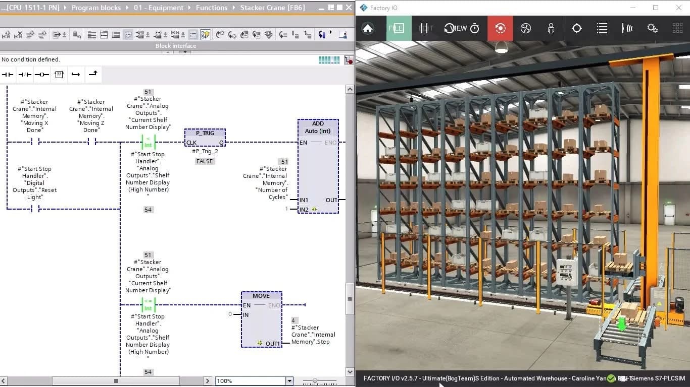 Siemens TIA Portal ve Factory I/O: PLC programının otomatik depo (stacker crane) simülasyonuyla test edilmesi