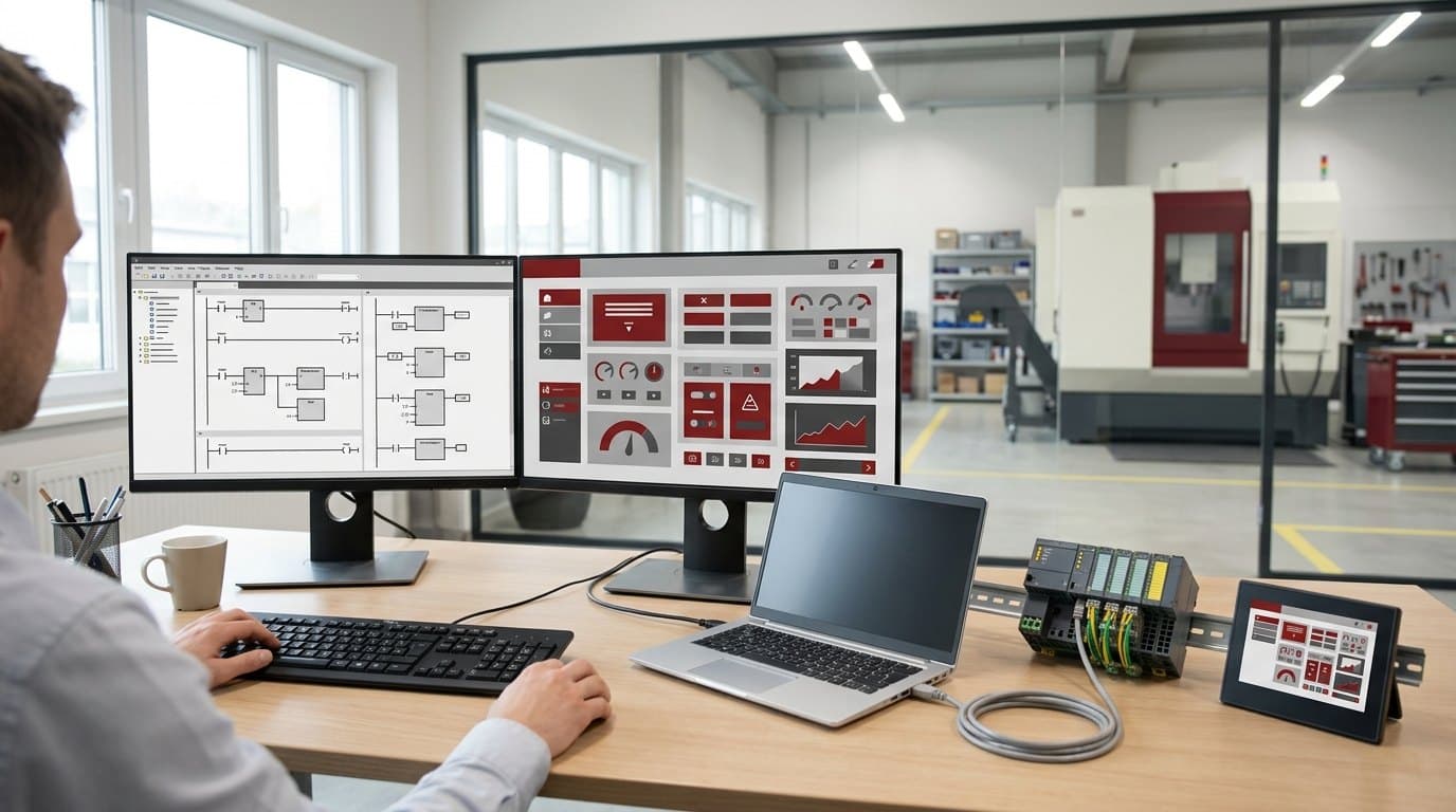 Mühendislik masası: PLC programlama ve HMI tasarım ekranları, dizüstü bilgisayara bağlı PLC ve dokunmatik panel